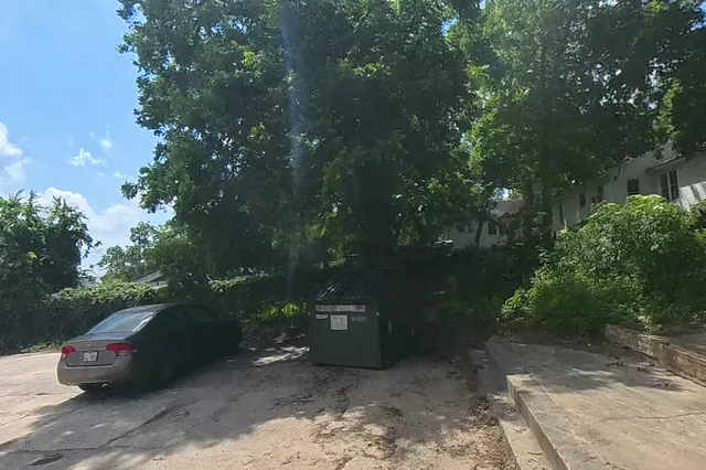 Dewarped 360 audit frame from front approach at 2:28 during the May 25, 2026 Sunken Gardens property walk.