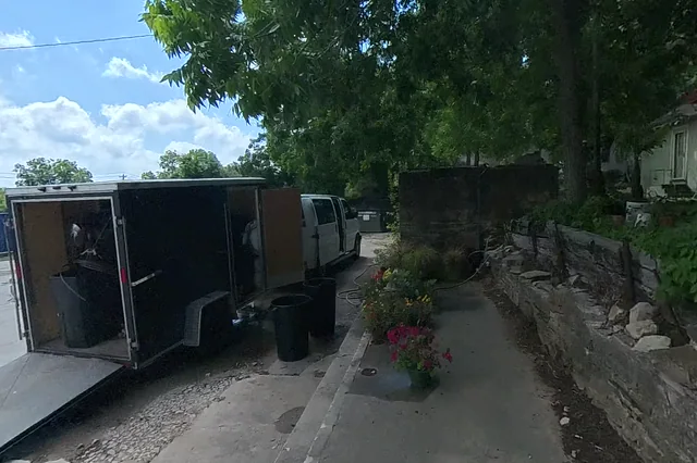 Dewarped 360 audit frame from parking boundary at 4:13 during the May 25, 2026 Sunken Gardens property walk.
