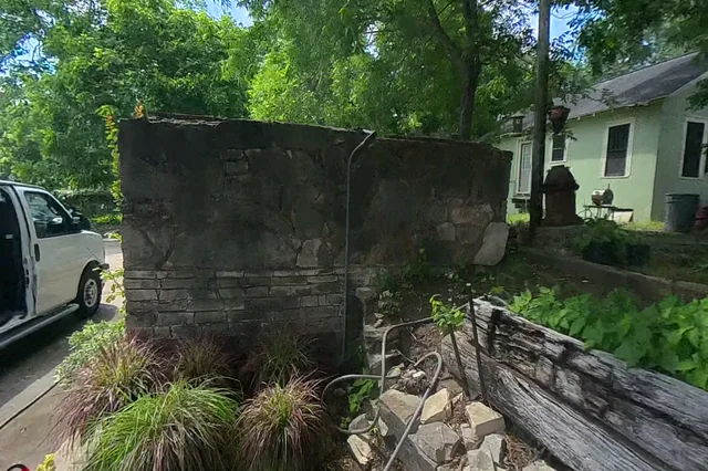 Dewarped 360 audit frame from parking boundary at 4:29 during the May 25, 2026 Sunken Gardens property walk.