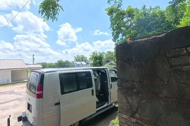 Dewarped 360 audit frame from parking boundary at 4:45 during the May 25, 2026 Sunken Gardens property walk.