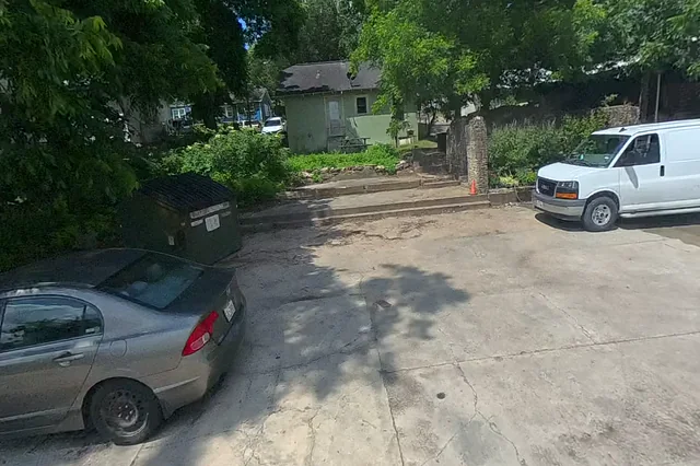 Dewarped 360 audit frame from frontage horseshoe at 11:35 during the May 25, 2026 Sunken Gardens property walk.