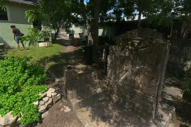Dewarped 360 audit frame from frontage horseshoe at 11:45 during the May 25, 2026 Sunken Gardens property walk.