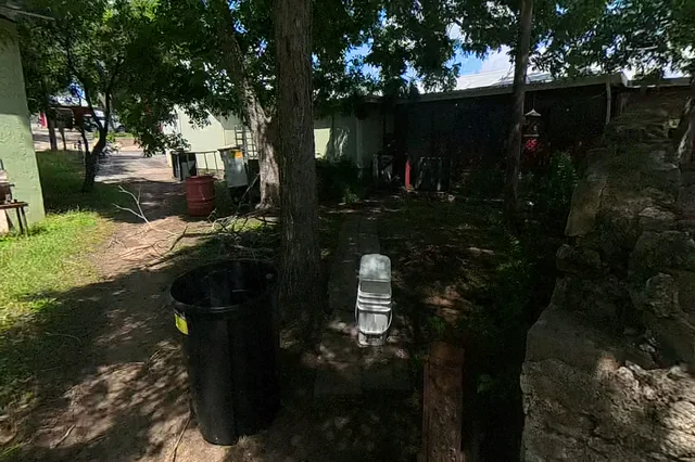 Dewarped 360 audit frame from frontage horseshoe at 12:15 during the May 25, 2026 Sunken Gardens property walk.