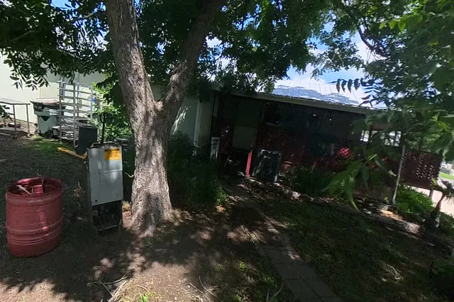 Dewarped 360 audit frame from back garden at 12:27 during the May 25, 2026 Sunken Gardens property walk.