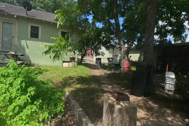 Dewarped 360 audit frame from back garden at 14:26 during the May 25, 2026 Sunken Gardens property walk.