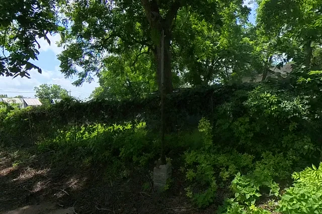 Dewarped 360 audit frame from back garden at 14:33 during the May 25, 2026 Sunken Gardens property walk.