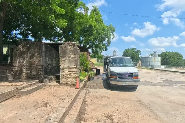 Dewarped 360 audit frame from back garden at 14:40 during the May 25, 2026 Sunken Gardens property walk.
