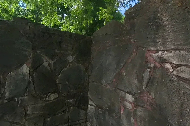 Dewarped 360 audit frame from back garden at 14:54 during the May 25, 2026 Sunken Gardens property walk.