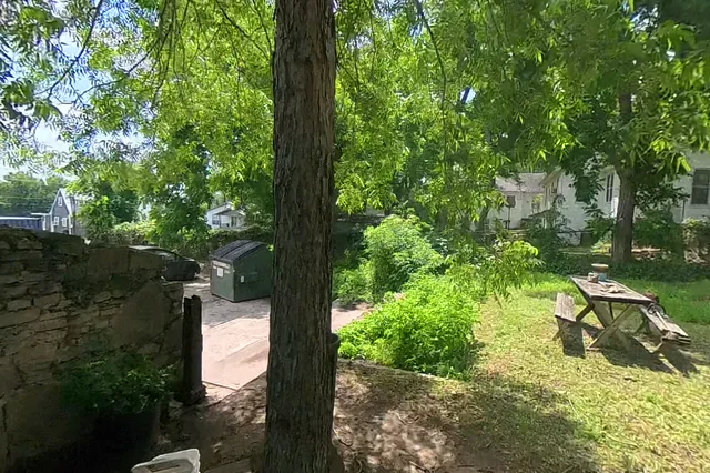 Dewarped 360 audit frame from stone patio and courtyard at 16:04 during the May 25, 2026 Sunken Gardens property walk.