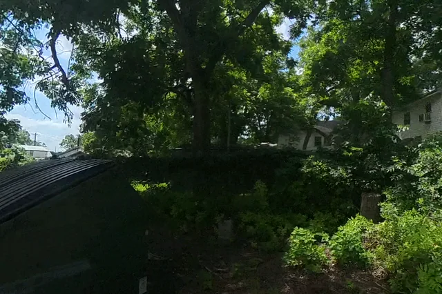 Dewarped 360 audit frame from stone patio and courtyard at 16:18 during the May 25, 2026 Sunken Gardens property walk.