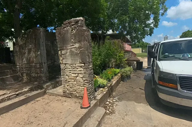 Dewarped 360 audit frame from stone patio and courtyard at 16:32 during the May 25, 2026 Sunken Gardens property walk.