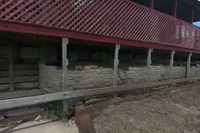 Dewarped 360 audit frame from stone patio and courtyard at 16:53 during the May 25, 2026 Sunken Gardens property walk.