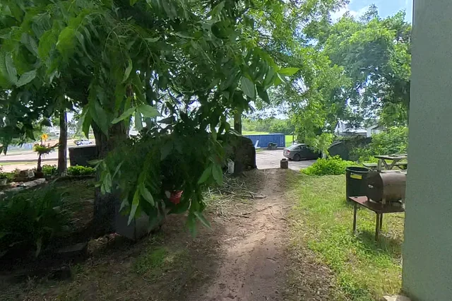 Dewarped 360 audit frame from return and shared-wall branch at 17:56 during the May 25, 2026 Sunken Gardens property walk.