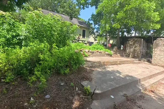 Dewarped 360 audit frame from return and shared-wall branch at 18:44 during the May 25, 2026 Sunken Gardens property walk.