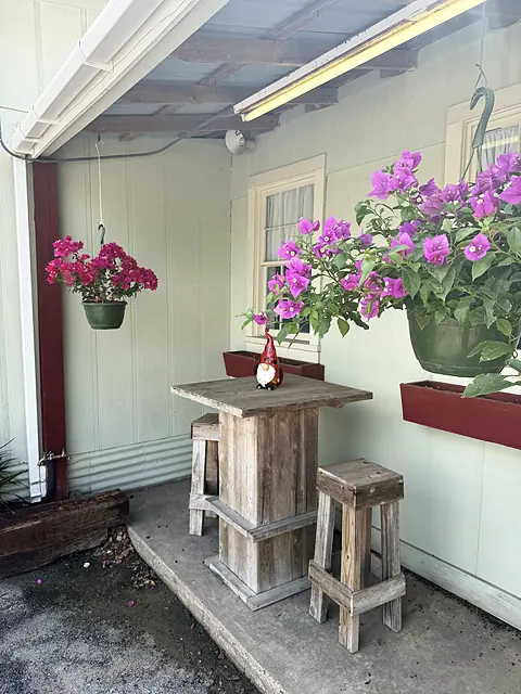 A rustic porch table, stools, and bright bougainvillea on the Sunken Gardens property.