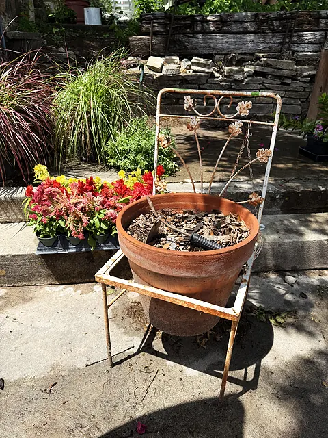 A rust-colored planter with a metal trellis, flowers, and grasses around it.