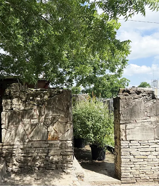 Old stone gateway walls, potted plants, and a leafy tree canopy at the nursery property.