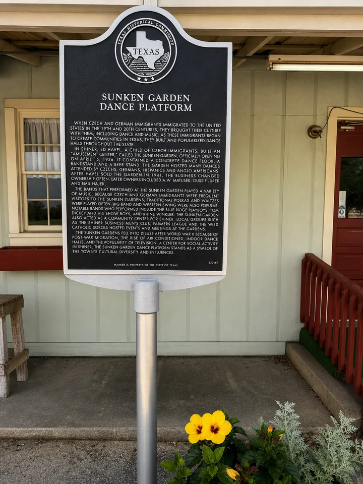 The Sunken Garden Dance Platform historical marker at the Sunken Gardens property.